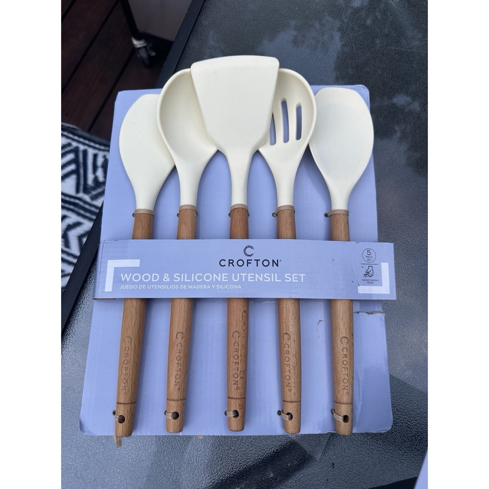 Crofton Wood & Silicone Utensil Set 5-Piece Spoon, Turner, Spatula
